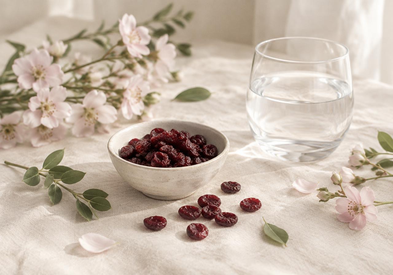 Dried cranberries, botanicals and a glass of water on linen